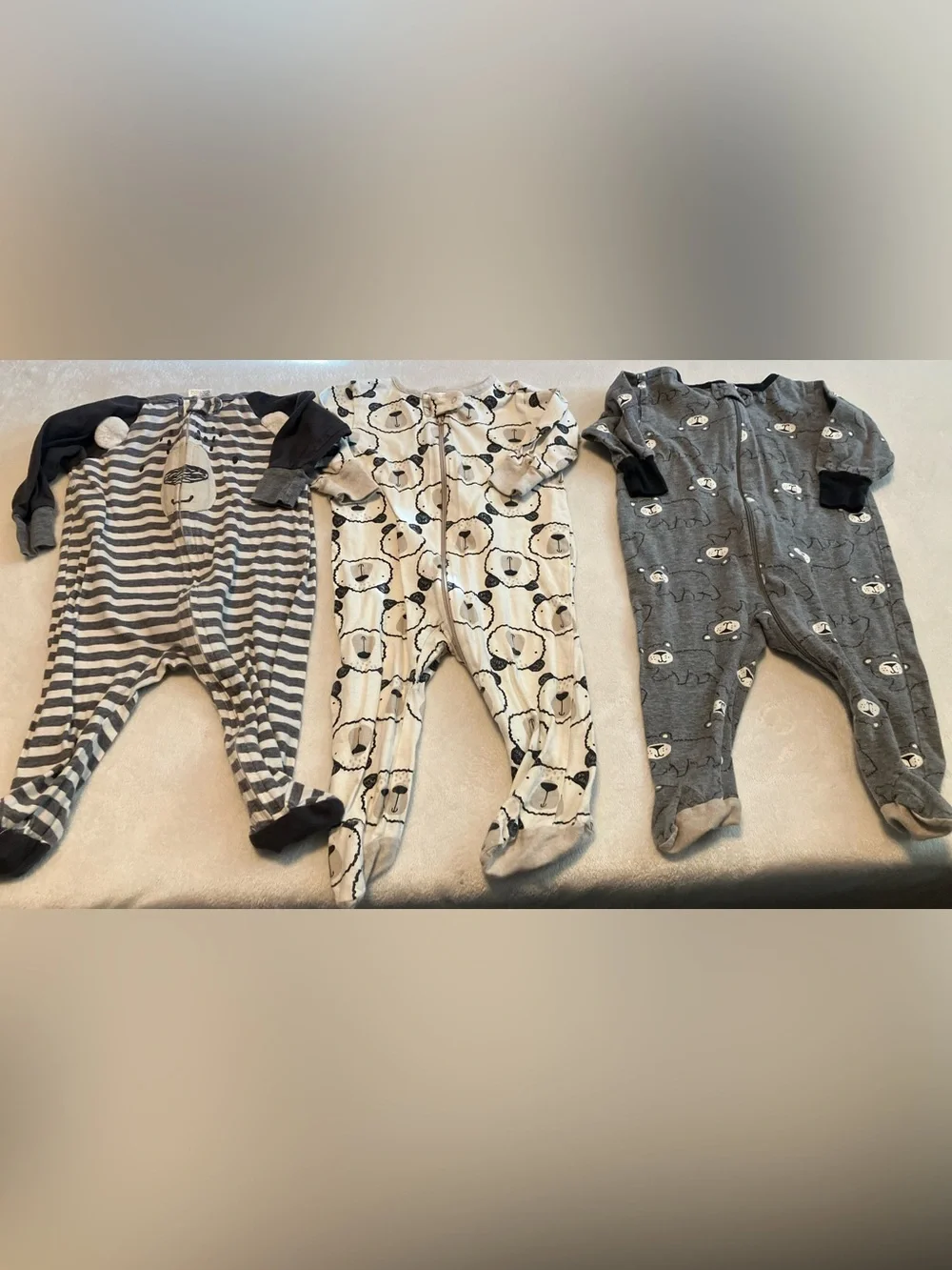 Baby Bear Footed One-Piece Sleepers - Gray, Cream, Charcoal